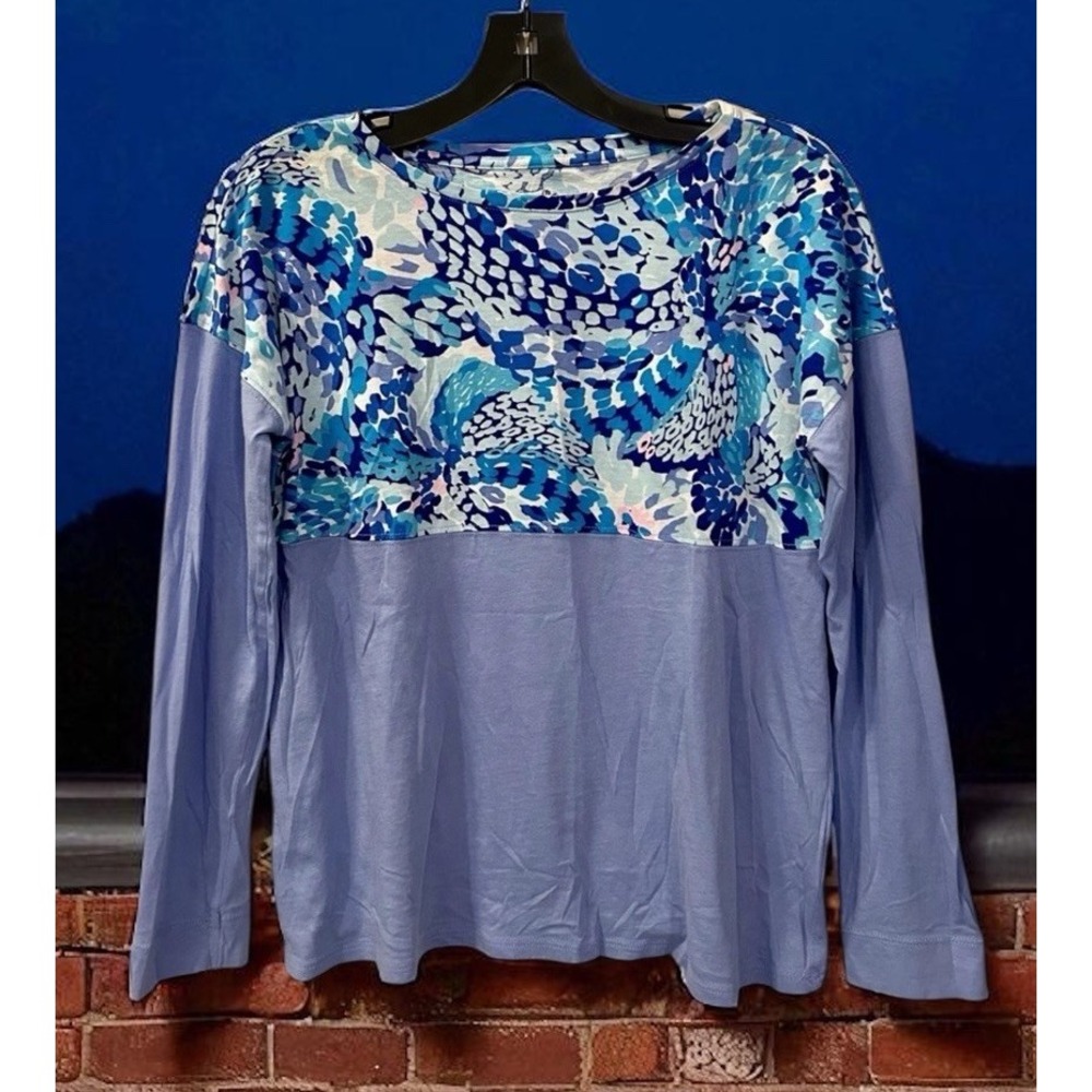 Lilly Pulitzer Girls Mini Finn Top Blue Floral Long Sleeve Sz XL (12-14) 001308